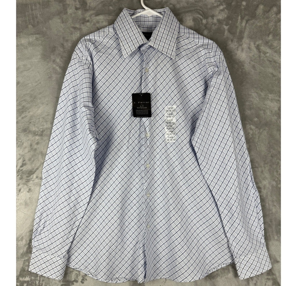 J Ferrar Mens Large Blue White Plaid Dress Shirt 16 16 1/2 Neck Button Up